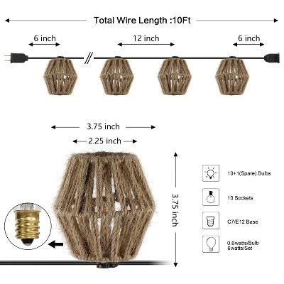 JONATHAN Y Samara 10' 10-Light Incandescent C7 Hemp Rope Shaded String Lights: UL Listed, Indoor/Outdoor Use 6 JONATHAN Y Samara 10' 10-Light Incandescent C7 Hemp Rope Shaded String Lights: UL Listed, Indoor/Outdoor Use - Image 6