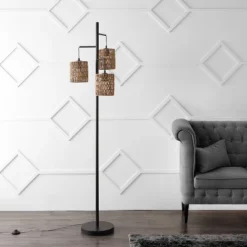 JONATHAN Y Isla 70.75" 3-Light Mid-Century Bohemian Floor Lamp: Rattan Shades, UL Listed, Push Button Switch -Furniture store GUEST 026b36ec f771 4751 ad10 d2e2e901a09a