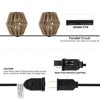 JONATHAN Y Samara 10' 10-Light Incandescent C7 Hemp Rope Shaded String Lights: UL Listed, Indoor/Outdoor Use 3 JONATHAN Y Samara 10' 10-Light Incandescent C7 Hemp Rope Shaded String Lights: UL Listed, Indoor/Outdoor Use - Image 3