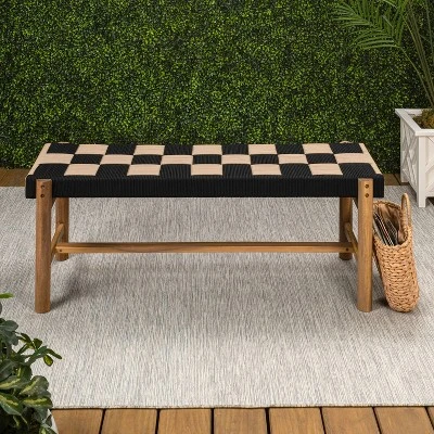 JONATHAN Y Denis 48" 2-Seat Backless 700-Lbs Support Acacia Wood Outdoor Bench With Checkerboard Woven Rope Seat 4 JONATHAN Y Denis 48" 2-Seat Backless 700-Lbs Support Acacia Wood Outdoor Bench With Checkerboard Woven Rope Seat - Image 4
