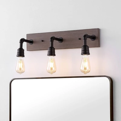 22.13" 3-Light Corbett Rustic Farmhouse Iron LED Vanity Oil Rubbed Bronze/Brown Wood Finish - JONATHAN Y 1 22.13" 3-Light Corbett Rustic Farmhouse Iron LED Vanity Oil Rubbed Bronze/Brown Wood Finish - JONATHAN Y