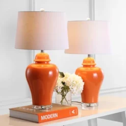 (Set Of 2) 27.25" Winnie Ceramic Urn Table Lamp (Includes LED Light Bulb) Orange - JONATHAN Y: Modern Acrylic Base, Linen Shade