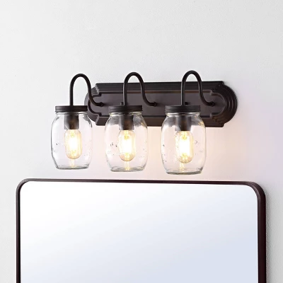 19.3" LED 3-Light Gaines Industrial Iron Mason Jar Wall Sconce Oil Rubbed Bronze/Clear - JONATHAN Y: UL Listed, Eco-Friendly 1 19.3" LED 3-Light Gaines Industrial Iron Mason Jar Wall Sconce Oil Rubbed Bronze/Clear - JONATHAN Y: UL Listed, Eco-Friendly