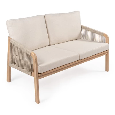 Arwen Modern Bohemian Roped Acacia Wood Outdoor Loveseat With Cushions - JONATHAN Y 9 Arwen Modern Bohemian Roped Acacia Wood Outdoor Loveseat With Cushions - JONATHAN Y - Image 9