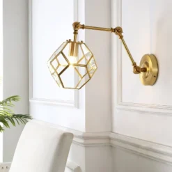 7.5" 1-Light Honeycomb Modern Contemporary Arm-Adjustable Iron/Glass LED Sconce Brass Gold/Clear - JONATHAN Y: UL Listed, Mid-Century Design