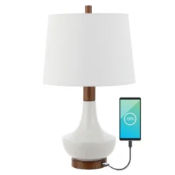 23" Finn Vintage Minimalist Iron LED Mini Table Lamp With USB Charging Port Wood Finished/White (Includes LED Light Bulb) - JONATHAN Y -Furniture store GUEST 295b1412 ac81 4d1b bc1c 76da78c0d6df
