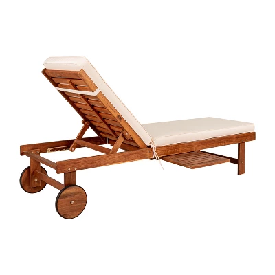 Seabrook 69 X 24 Inch Outdoor Acacia Wood Lounger With Cushion, 5-Position Back, Slide Table & Wheels -JONATHAN Y 5 Seabrook 69 X 24 Inch Outdoor Acacia Wood Lounger With Cushion, 5-Position Back, Slide Table & Wheels -JONATHAN Y - Image 5