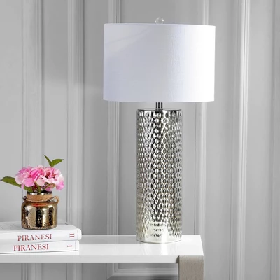 30" Glass Isabella Table Lamp (Includes LED Light Bulb) Silver - JONATHAN Y: Studded Cylindrical Base, Linen Shade, UL Listed 2 30" Glass Isabella Table Lamp (Includes LED Light Bulb) Silver - JONATHAN Y: Studded Cylindrical Base, Linen Shade, UL Listed - Image 2
