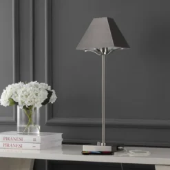25" Ruthen Industrial Style Iron Pyramid Bedside Table Lamp With USB Charging Port (Includes LED Light Bulb) Nickel - JONATHAN Y -Furniture store GUEST 2a7c2b2e 8b06 4726 b6e6 6e93ed34cab6
