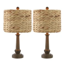 Set Of 2 21.25"Leona Rustic Farmhouse Handwoven Rattan/Resin Table Lamps (Includes LED Light Bulb) Brown Wood Finish - JONATHAN Y: Boho Style