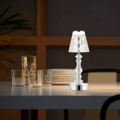 JONATHAN Y 12.75" Lillian Bohemian Classic Acrylic Rechargeable Integrated LED Table Lamp Clear/Chrome: Touch Sensor, Nightstand Friendly -Furniture store GUEST 2db8682d 82a6 49e1 becb f40b48b272ea