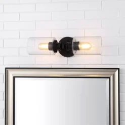 16.5" LED 2-Light Jules Edison Cylinder Iron/Seeded Glass Contemporary Wall Sconce Black - JONATHAN Y: UL Listed, Modern Vanity Lighting