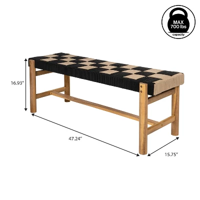 JONATHAN Y Denis 48" 2-Seat Backless 700-Lbs Support Acacia Wood Outdoor Bench With Checkerboard Woven Rope Seat 3 JONATHAN Y Denis 48" 2-Seat Backless 700-Lbs Support Acacia Wood Outdoor Bench With Checkerboard Woven Rope Seat - Image 3