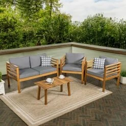 Thom 4-Piece Mid-Century Modern Acacia Wood Outdoor Patio Set With Cushions And Plaid Decorative Pillows - JONATHAN Y -Furniture store GUEST 441201d2 d0f8 47e6 bbb2 77969330232f