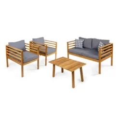 Thom 4-Piece Mid-Century Modern Acacia Wood Outdoor Patio Set With Cushions And Plaid Decorative Pillows - JONATHAN Y -Furniture store GUEST 4c09c57d 14f0 45c7 b010 562f1e3a78aa