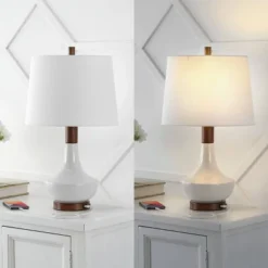 23" Finn Vintage Minimalist Iron LED Mini Table Lamp With USB Charging Port Wood Finished/White (Includes LED Light Bulb) - JONATHAN Y -Furniture store GUEST 4c6d7435 0b08 4d4d 8b2f afedfd3f3442