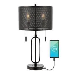 27" 2-Light Hank Industrial Farmhouse Iron LED Table Lamp With USB Charging Port Oil Rubbed Bronze (Includes LED Light Bulb) - JONATHAN Y