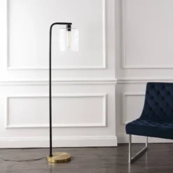 JONATHAN Y Easton 60.75" Modern Minimalist Metal/Ribbed Glass (Includes LED Light Bulb) Floor Lamp Brass Gold/Black -Furniture store GUEST 52d90402 9a18 483e 9abd 3ded1e2f25b7