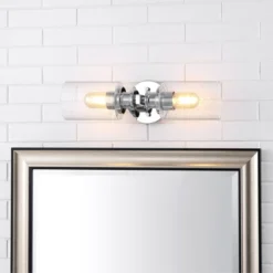 16.5" LED 2-Light Jules Edison Cylinder Iron/Seeded Glass Contemporary Wall Sconce Chrome - JONATHAN Y: Modern Vanity Lighting For Bathroom