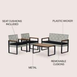 Wilder 4-Piece Modern Coastal Faux Wicker Conversation Outdoor Patio Set - JONATHAN Y -Furniture store GUEST 55263ac8 0a9e 49cf 9b8a 39f1916f945f