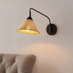 JONATHAN Y Kiawah 11" 1-Light Vintage Coastal Rattan/Metal Swing Arm LED Sconce Black/Natural: UL Listed, Includes Mounting Hardware