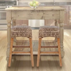 JONATHAN Y Maui Rustic Bohemian Hyacinth/Wood Backless Bar Stool, Brown Wash Woven Seat With Natural Wood Frame -Furniture store GUEST 619dbc9a b6b7 45c9 9bf3 5962f52975cc