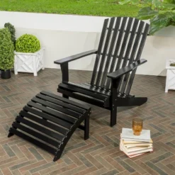Saranac 2-Piece Traditional Rustic Acacia Wood Adirondack Chair With Detachable Ottoman- JONATHAN Y