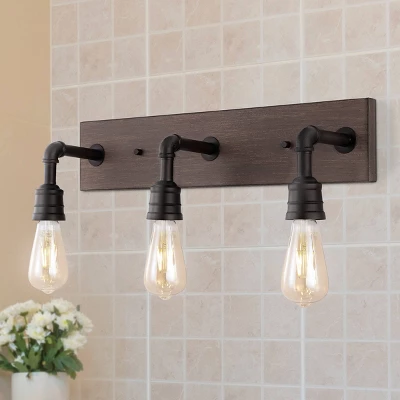 22.13" 3-Light Corbett Rustic Farmhouse Iron LED Vanity Oil Rubbed Bronze/Brown Wood Finish - JONATHAN Y 2 22.13" 3-Light Corbett Rustic Farmhouse Iron LED Vanity Oil Rubbed Bronze/Brown Wood Finish - JONATHAN Y - Image 2