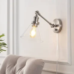8" LED Cowie Iron/Glass Adjustable Wall Sconce Nickel - JONATHAN Y: Modern Plug-In Light Fixture With Clear Shade