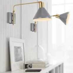 20.5" LED 1-Light Max Swing Arm Mid-Century Iron USB Charging Port Wall Sconce Gray/Brass - JONATHAN Y: Adjustable, Plug-In Fixture -Furniture store GUEST 7467da5b 8376 4782 b4a8 626a750d072b