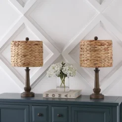 Set Of 2 21.25"Leona Rustic Farmhouse Handwoven Rattan/Resin Table Lamps (Includes LED Light Bulb) Brown Wood Finish - JONATHAN Y: Boho Style -Furniture store GUEST 75ebb9b9 015f 4986 a205 92d02dd6aacf