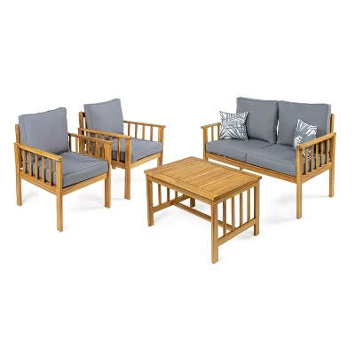 Everly 4-Piece Modern Cottage Acacia Wood Outdoor Patio Set With Cushions And Tropical Decorative Pillows - JONATHAN Y 6 Everly 4-Piece Modern Cottage Acacia Wood Outdoor Patio Set With Cushions And Tropical Decorative Pillows - JONATHAN Y - Image 6
