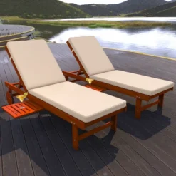Seabrook 69 X 24 Inch Outdoor Acacia Wood Lounger With Cushion, 5-Position Back, Slide Table & Wheels -JONATHAN Y