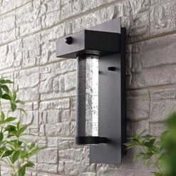 JONATHAN Y 5.5" 1-Light Horizone Minimalist Iron Seeded Glass With Dusk-to-Dawn Sensor Outdoor Sconce Black: ETL Listed, Integrated LED -Furniture store GUEST 79c9fe31 4f90 44c7 a819 6264fdc0b301