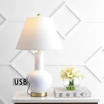 27" Ceramic/Iron Han Contemporary USB Charging Table Lamp (Includes LED Light Bulb) White/Brass - JONATHAN Y 1 27" Ceramic/Iron Han Contemporary USB Charging Table Lamp (Includes LED Light Bulb) White/Brass - JONATHAN Y