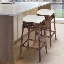 JONATHAN Y Bali Bohemian Basics Rattan Backless Bar Stool, White Cushion With Dark Brown Woven Frame -Furniture store GUEST 82a0f1ad 3a6f 4e28 85ac 6214fe510a60