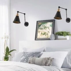 (Set Of 2) 7" LED Rover Adjustable Classic Glam Arm Metal Wall Sconce Black/Brass - JONATHAN Y: ETL Listed, Cone Shade, Hardwired