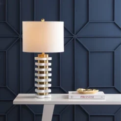 26.5" Wellington Quatrefoil Striped Resin Table Lamp (Includes LED Light Bulb) Brass - JONATHAN Y