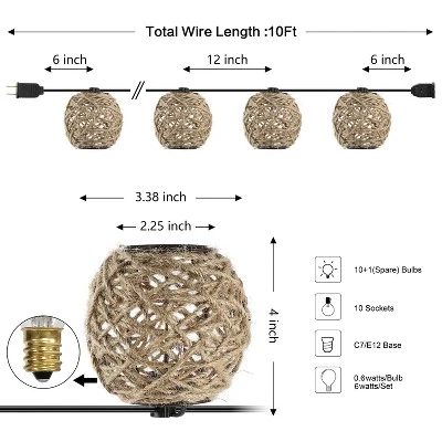 JONATHAN Y Oahu 10' 10-Light Incandescent C7 Hemp Rope Shaded String Lights: UL Listed, Indoor/Outdoor Use, LED Compatible 6 JONATHAN Y Oahu 10' 10-Light Incandescent C7 Hemp Rope Shaded String Lights: UL Listed, Indoor/Outdoor Use, LED Compatible - Image 6