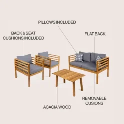 Thom 4-Piece Mid-Century Modern Acacia Wood Outdoor Patio Set With Cushions And Plaid Decorative Pillows - JONATHAN Y -Furniture store GUEST 8ceae2c6 79be 4e08 a27a c69c55ffe905