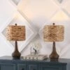 Set Of 2 21" Theodore Rustic Farmhouse Handwoven Rattan/Resin Table Lamps (Includes LED Light Bulb) Brown Wood Finish - JONATHAN Y: Boho Style