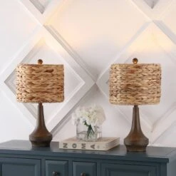 Set Of 2 21" Theodore Rustic Farmhouse Handwoven Rattan/Resin Table Lamps (Includes LED Light Bulb) Brown Wood Finish - JONATHAN Y: Boho Style
