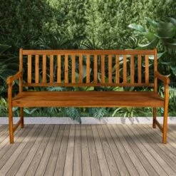 Laurel 3-Seat Slat-Back Acacia Wood Outdoor Garden Patio Bench - JONATHAN Y -Furniture store GUEST 8f5a0953 bbbf 4c07 87dc 735b1f2a1bdc