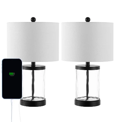Set Of 2 21" Alexander Modern Iron/Water Glass Table Lamps With USB Port - JONATHAN Y: Bedroom Charging Station, Drum Shade 6 Set Of 2 21" Alexander Modern Iron/Water Glass Table Lamps With USB Port - JONATHAN Y: Bedroom Charging Station, Drum Shade - Image 6