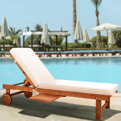 Seabrook 69 X 24 Inch Outdoor Acacia Wood Lounger With Cushion, 5-Position Back, Slide Table & Wheels -JONATHAN Y 3 Seabrook 69 X 24 Inch Outdoor Acacia Wood Lounger With Cushion, 5-Position Back, Slide Table & Wheels -JONATHAN Y - Image 3