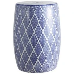 Moroccan Diamonds 18" Ceramic Drum Garden Stool, Blue/White - JONATHAN Y