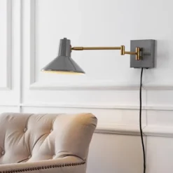 16" 1-Light Hygge Swing Arm Mid-Century Iron USB Charging Port Sconce Gray/Brass - JONATHAN Y