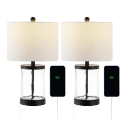 Set Of 2 21" Alexander Modern Iron/Water Glass Table Lamps With USB Port - JONATHAN Y: Bedroom Charging Station, Drum Shade