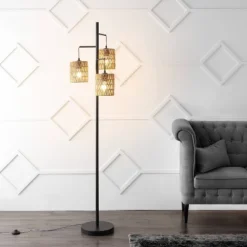 JONATHAN Y Isla 70.75" 3-Light Mid-Century Bohemian Floor Lamp: Rattan Shades, UL Listed, Push Button Switch