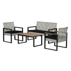 Wilder 4-Piece Modern Coastal Faux Wicker Conversation Outdoor Patio Set - JONATHAN Y -Furniture store GUEST a42f61cc 155d 4531 aeed b387b68aed50